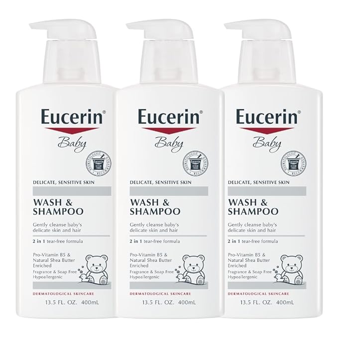 Eucerin Baby Unscented Baby Shampoo and Body Wash, Hypoallergenic, Tear Free Shampoo and Wash with Pro-Vitamin B5 and Shea Butter, 13.5 Fl Oz Bottle 3 pack