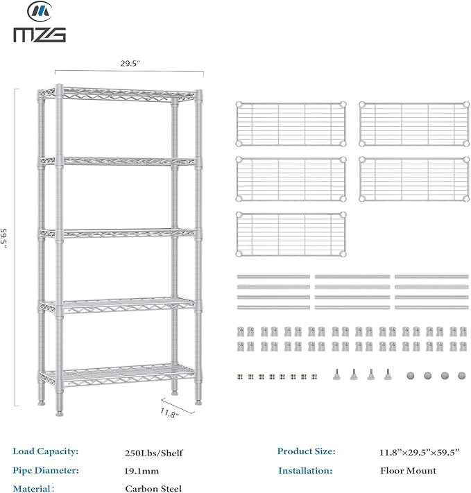 1250 lbs 5 Tier Shelf Metal Storage Shelves Wire Rack Closet Organizers for Garage Kitchen Bathroom Laundry White 11.8" D x 29.5" W x 59.5" H