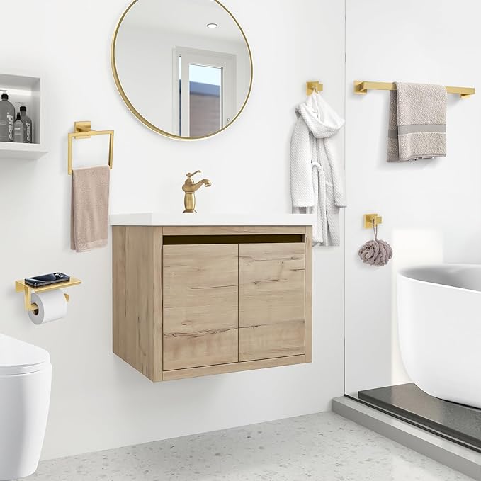 YACVCL Brushed Gold Bathroom Hardware Accessorie Set 23.6 Inch Towel Bar Set 5-Pieces Towel Rack&Holder Set for Bathroom,Upgraded Toilet Paper Holder with Shelf,Stainless Steel Wall-Mounted