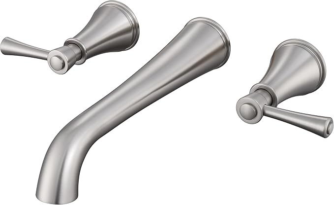 SITGES High Flow Brushed Nickel Wall Mount Bathtub Faucet with Two Level Handles,Extra-Long 10.5" Spout Reach Solid Brass Wall Tub Filler with Rough-in Valve Included