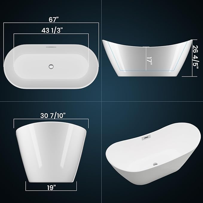 Freestanding Bathtub 67 Inch Acrylic Free Standing Tub – Extra Large Soaking Tub with Chrome Drain & Overflow, Modern Freestanding Tub for Main Bathroom Relaxation