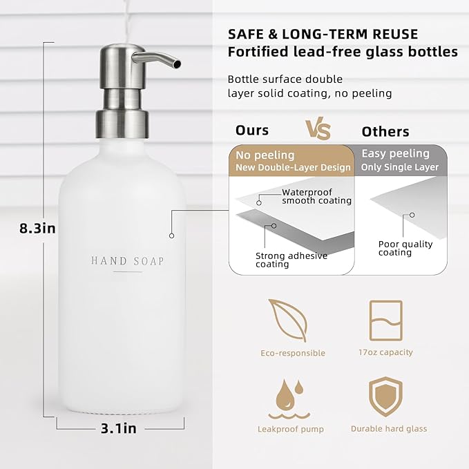Glass Soap Dispenser - Dish Soap Dispenser for Kitchen and Hand Soap Dispenser Set, Bathroom Soap Dispenser with 304 Rust Proof Pump, Soap Dispenser for Kitchen with Tray, White Bottle/Silver Pump