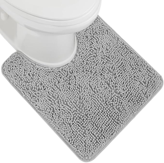 GORILLA GRIP Plush Absorbent Shaggy Chenille Bath Rug Mat for Oval Toilet Base with Rubber Backing, Machine Washable Rugs, Soft Microfiber Contour Mats for Toilets, Bathroom Decor, Lt Gray