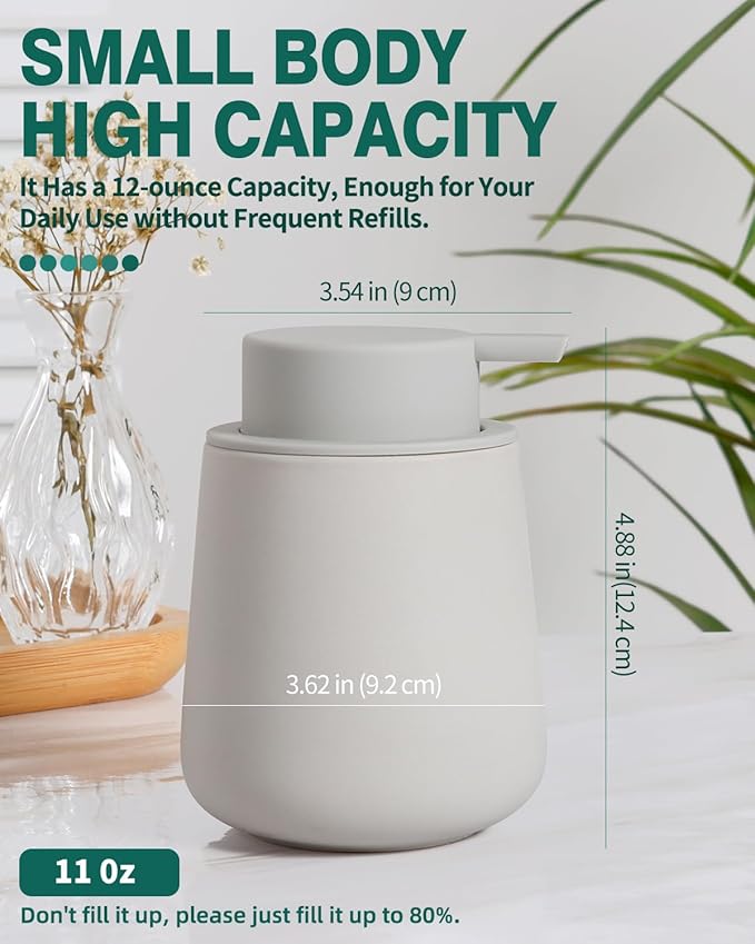 Bosilunlife Soap Dispenser Bathroom - Grey Ceramic Soap Dispenser Lotion Hand Pump Dish Soap Bottle for Kitchen 12oz Refillable Liquid Hand Wash Dispenser for Bathroom