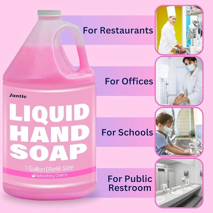 Hand Soap Gallon Refill, Cleansing Liquid Soap, Soothing Pink Lotion Soap Refill, Bulk Hand Soap Refill - Gentle on Skin, Cherry Scent - 1 Gallon per Bottle - 4 Pack