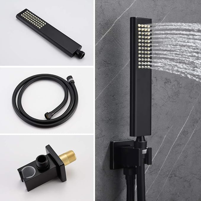 Iriber Matte Black Shower Set with 10 Inch High Pressure Rain Shower Head and Handheld and Shower Faucet Mixer Valve Modern Shower System Including Pressure Balance Valve Shower Trim Kit for Bathroom