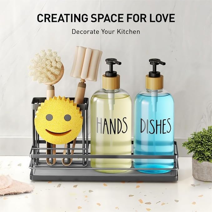 Moforoco Kitchen Dish Soap Dispenser Set, 16OZ Glass Bottle, Hand and Dish Soap Dispenser Set, Instant Dry Tray, Non-Slip Silicone Pad, Brush Holder with Sponge Holder, Kitchen Decor（Clear Bottle）