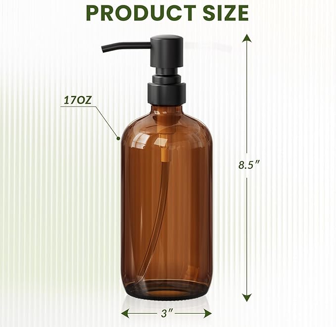 AmazerBath Amber Glass Soap Dispenser, 2 Pack Soap Dispenser Set with Stainless Steel Pump, Vintage Liquid Brown Soap Dispensers Bottle, 17 Oz Dish Soap and Hand Soap Dispensers for Bathroom Kitchen