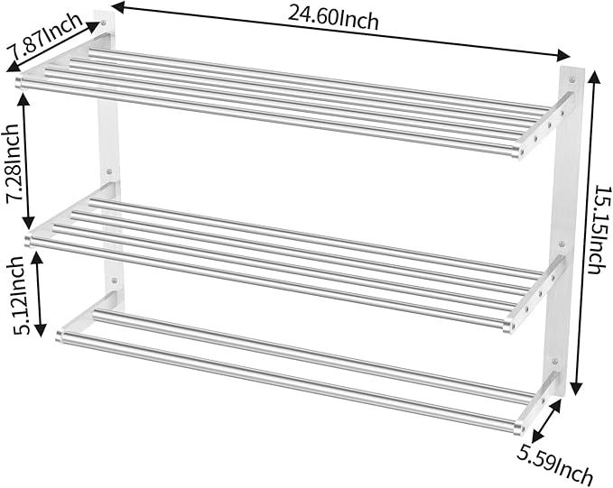 Towel Racks for Bathroom Wall 24 Inch, 3 Tier Bathroom Towel Shelf with Double Towel Bar, Stainless Steel Towel Rack with Towel Shelf, Towel Hanger Holder for Bathroom Towel Storage, Brushed Nickel