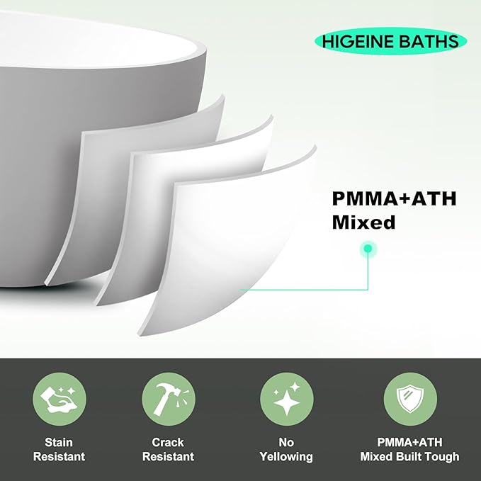59" Premium Solid Surface Freestanding Bathtubs, Upgraded Matte White Modern Design Stand Alone Stone Resin Tub with Overflow and Pop-up Drain