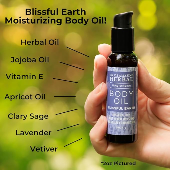 Ora's Amazing Herbal Moisturizing Lavender Body Oil for Women and Men, Nourishing Oil for Dry Skin, Relaxation, Massage Oil, Blissful Earth Scent, 2 oz, Travel Size with Pump