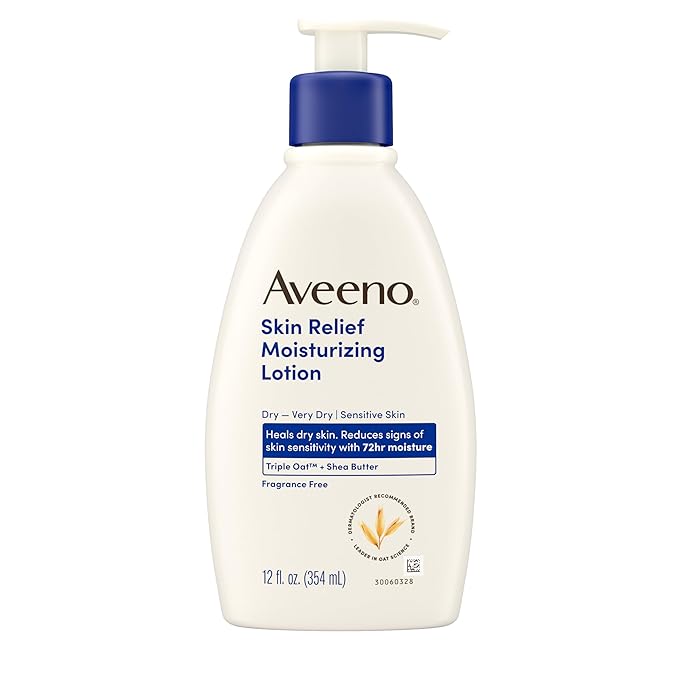 Aveeno Skin Relief Moisturizing Lotion Heals Very Dry, Sensitive Skin, Fast-Absorbing Body Lotion with Soothing Triple Oat & Shea Butter Formula, Fragrance Free, Non-Comedogenic, 12 fl. oz