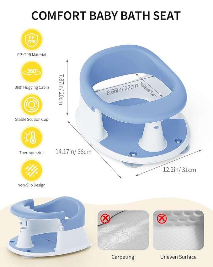 Baby Bath Seat for Babies 6 Months & Up, Bath Seats for Babies Sitting Up, 3 Baby Bath Toys, Open Design, Non-Slip, Compact Toddler Bath Seat.