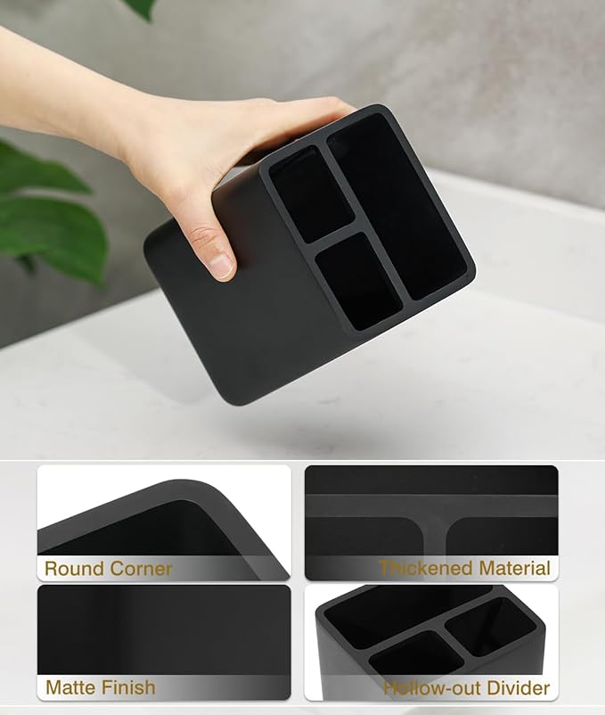 Luxspire Toothbrush Holders, 3 Slots Toothpaste & Toothbrush Holder for Bathroom, Resin Toothbrush Stand, Electric Toothbrush Holder with Drain Hole, Bathroom Organizer Countertop, Matte Black