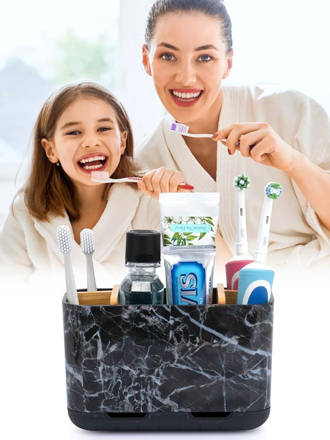 Marble Toothbrush Holders, 5 Slots Bamboo Toothbrush and Toothpaste Holder for Bathroom Counter with Drainage, Kids Electric Toothbrush Organizer, Black Toothbrush Holders for Bathrooms