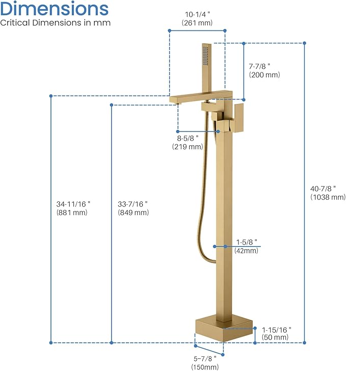 KIBI Cube Brushed Brass Freestanding Bathtub Faucet Floor‑Mounted Brass Tub Filler | Single‑Handle Bathroom Faucets with Hand Shower, Ceramic Cartridge & Stainless Steel Hose (KTF302)
