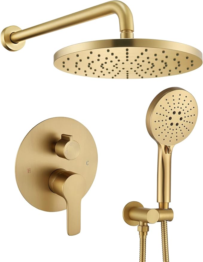 Iriber Shower System Wall Mounted Shower Faucet Mixer Set with Luxury High Pressure Shower head and 3-Setting Handheld, Bathroom Shower Trim Kit Contain Pressure Balance Valve,Brushed Gold