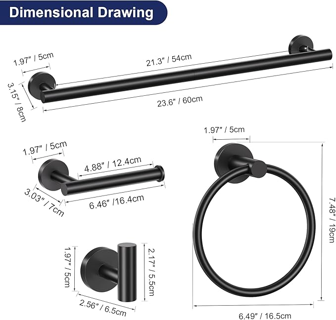 Lairuier 5 Pieces Matte Black Bathroom Accessories Set, 23.6 Inch Bath Towel Bar Set, SUS304 Stainless Steel Bathroom Hardware Set Round Toilet Paper Holder Set Wall Mounted