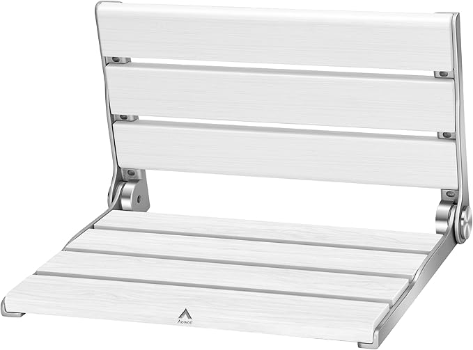 Wall Mounted Shower Seat – 16IN Teak Fold Down Shower Seat for Elderly, Disabled & Pregnant Women – Sturdy Shower Benches for Inside Shower with 400LB Capacity – 2025 Premium White Shower Bench