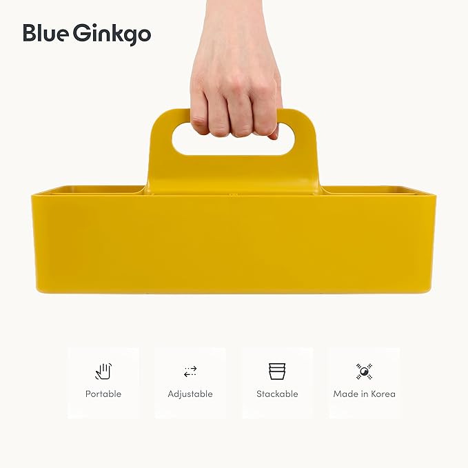 BLUE GINKGO Stackable Organizer Caddy – Korean-Made Portable Tote for Bathroom, Office, Crafts, or School Supplies (Long Rectangle, Yellow)