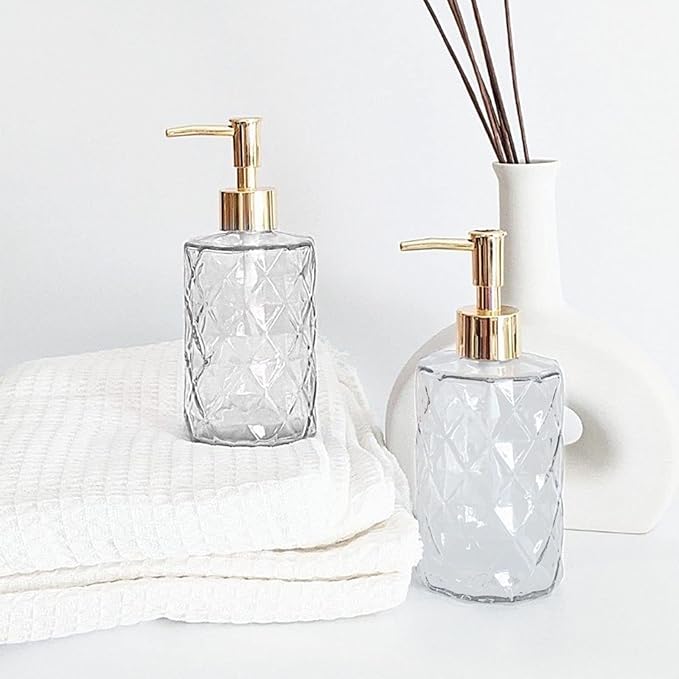Clear Glass Soap Dispenser with Gold Plastic Pump, 2 Pack 12oz Diamond Hand Soap Dispenser, Refillable Lotion Dispenser & Dish Bathroom Dispenser for Liquid, Shower Gel