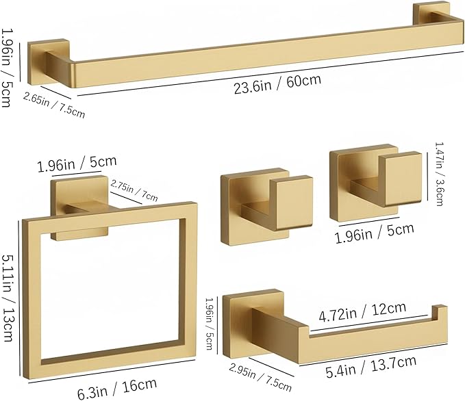20-Piece Brushed Gold Bathroom Accessories Set – 23.6" Towel Bar, Towel Ring, Toilet Paper Holder & Hooks, Wall Mounted Bathroom Hardware, Rust & Corrosion-Resistant, Ideal for Modern Bathrooms