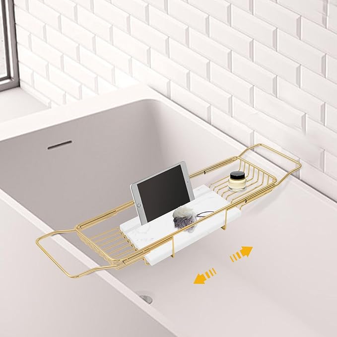 Bathtub Tray Caddy for Luxury Bath, Stainless Steel 26.8-35.4 in Expandable Extra Wide Bath Tub Tray with Natural Marble and Mobile/Tablet Stand, Ideal for Home Spa Lovers (Gold + White)
