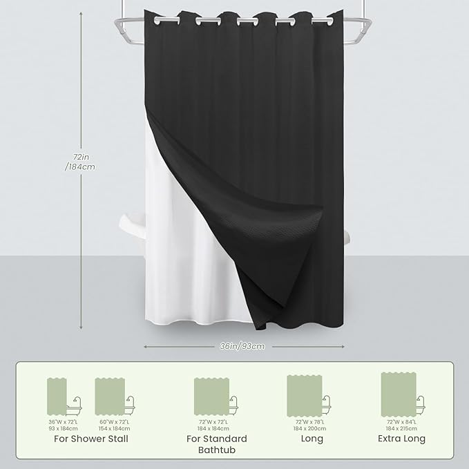 Inhousolu No Hook Waffle Weave Shower Curtain with Removable Snap in Fabric Liner Set for Bathroom, 230 GSM Heavy Duty Weighted Hem, Water Repellent Washable Bath Curtains, 36 x 72 Inch, Black