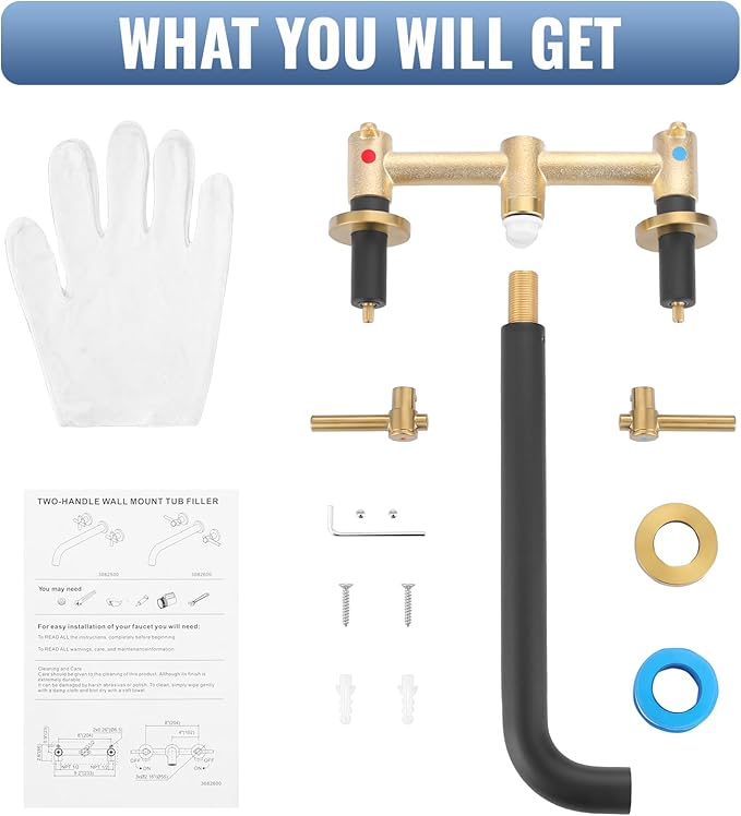 Wall Mount Tub Filler Bath Tub Faucet High Flow Bathtub Faucets Two Handles Solid Brass, 12" Long Spout Reach, Black Gold