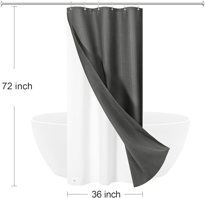 3 in 1 Stall Half Size Charcoal Grey Shower Curtain Set-36 W x 72 H, Modern Waffle Waterproof Fabric and PEVA Liner Set with Stainless Steel Hooks
