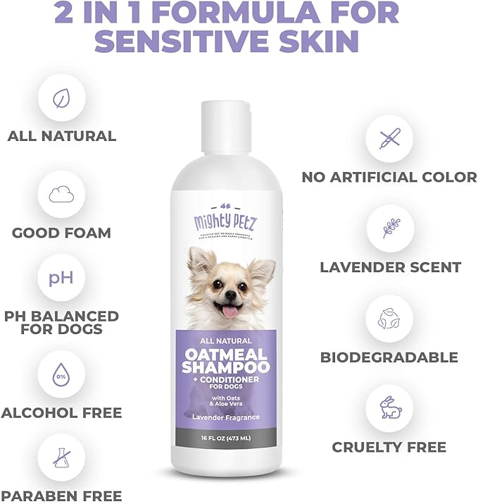 Mighty Petz 2-in-1 Oatmeal Dog Shampoo and Conditioner – 16 oz Natural Support for Allergies, Itchy Sensitive Skin. Moisturizing & pH Balanced for Dogs with Oatmeal and Aloe Vera