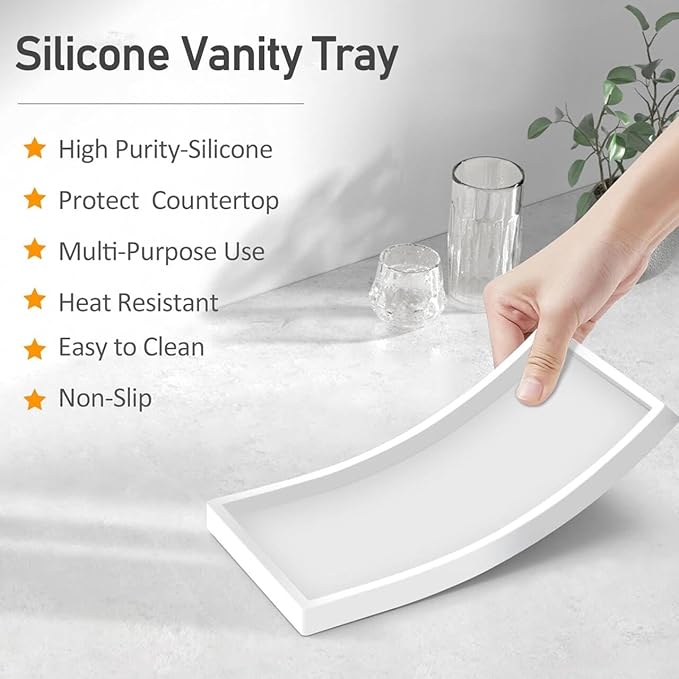 Bathroom Counter Tray,EG-SIPRO High-Grade Thickened Silicone Bathroom Vanity Tray,Shatterproof Durable Rectangle Bathroom Soap Dispenser Tray for Bathroom Countertop,White,Small+Large (EGTRAY)
