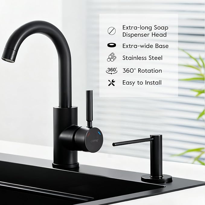 GAPPO Soap Dispenser for Kitchen Sink, Built in Sink Soap Dispenser, Matte Black Stainless Steel Pump Head, Lotion Dispenser with Refillable 17 OZ Bottle