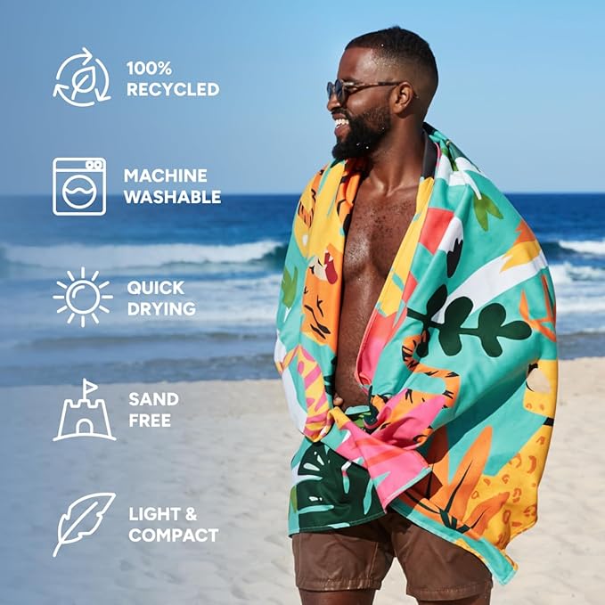 Dock & Bay Beach Towel - Quick Dry, Sand Free - Compact, Lightweight - 100% Recycled - Includes Bag - Wild Things - Large (160x90cm, 63x35)