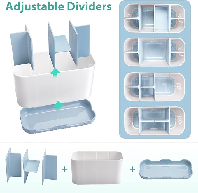 Boperzi Electric Toothbrush Holder for Bathroom Organizer Countertop, Detachable Anti-Slip Blue Toothpaste Storage Caddy 6 Slots White with Drainage Holes for Makeup Brush Razor Stand