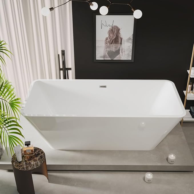 59"Acrylic Freestanding Bathtub, Modern Soaking Tub with Matte Drain and Black Overflow, Glossy White, Deep Ergonomic Design, Double-Walled Insulation, CUPC Certified Bath Tub