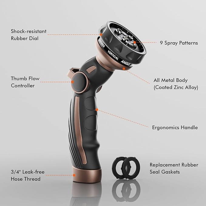RESTMO Hose Nozzle Heavy Duty, Metal Water Hose Sprayer for Garden, 9 Spray Patterns | High Pressure | Thumb Flow Control | On/Off Valve, Ideal for Outdoor Lawn & Plant Watering, Car & Pet Washing