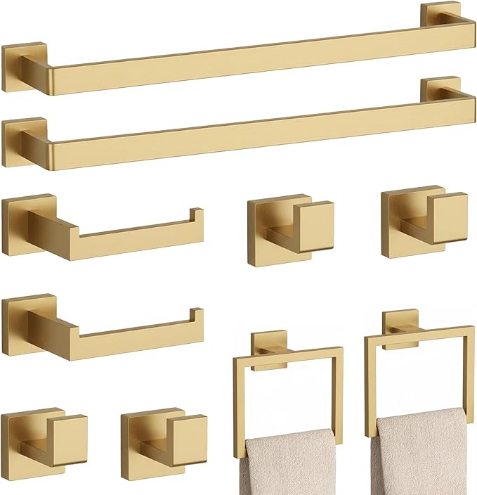 10-Piece Brushed Gold Bathroom Accessories Set – 23.6" Towel Bar, Towel Ring, Toilet Paper Holder & Hooks, Wall Mounted Bathroom Hardware, Rust & Corrosion-Resistant, Ideal for Modern Bathrooms