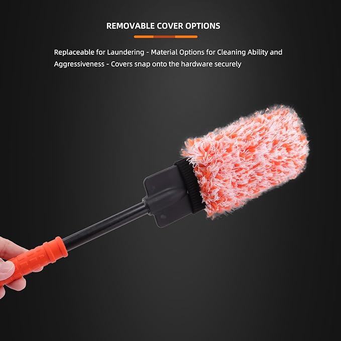 SPTA Car Wheel Brush Set, 2Pcs Microfibre Rim Brush with Extra 2 Large and 2 Small Interchangeable Microfiber Covers, Rim Cleaner Brush for Wheel Cleaning, Wheel Cleaning Brush for All Wheel Types