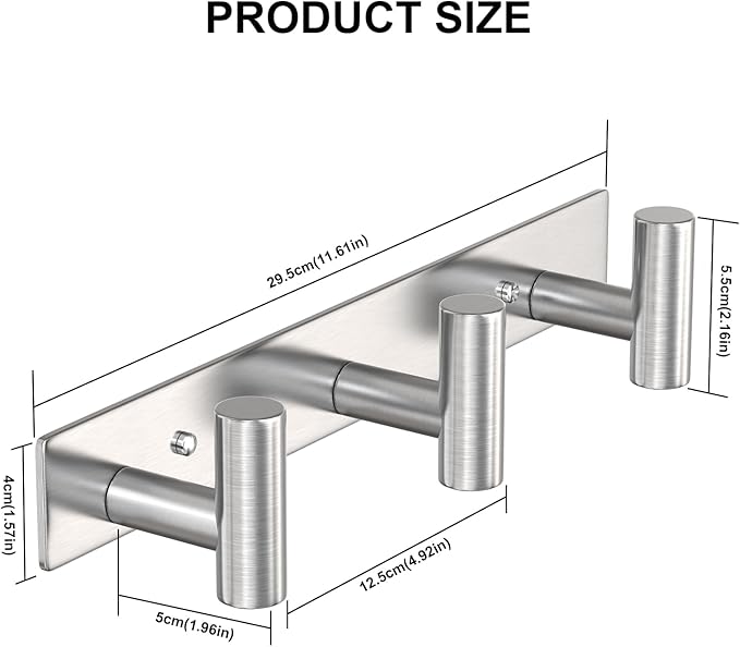 VAEHOLD Silvery Hat and Coat Wall Mount Rack - 3 Hooks for Robes, Bags, Keys, and Towels - Bathroom Towel Hanger Organizer (2 Pack)