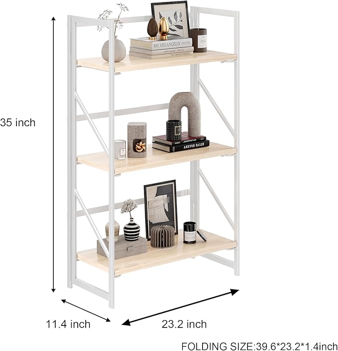 JSB No Assembly Folding Bookshelf, 3 Tier Industrial Metal Book Shelf for Storage, Vintage Wood Foldable Bookcase for Living Room, Bedroom, Office Organization Shelves