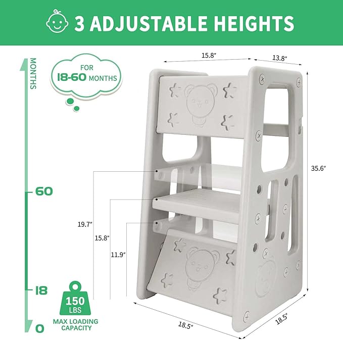 Nursery Kitchen Step Stool w/ 3 Adjustable Heights Toddler Standing Tower Kids Learning Stool w/Double Safety Rails & Non-Slip Foot Pads Cooking Stool Stand Helper Bathroom Counter Footstool (Grey)