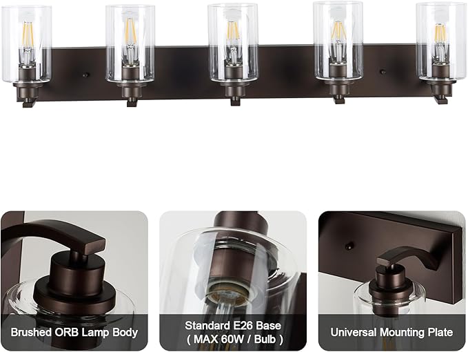 5-Light Bathroom Light Fixtures Modern ORB Vanity Lights for Bathroom Lighting Fixtures Over Mirror with Clear Glass Shade for Cabinet Mirror Bedroom Hallway