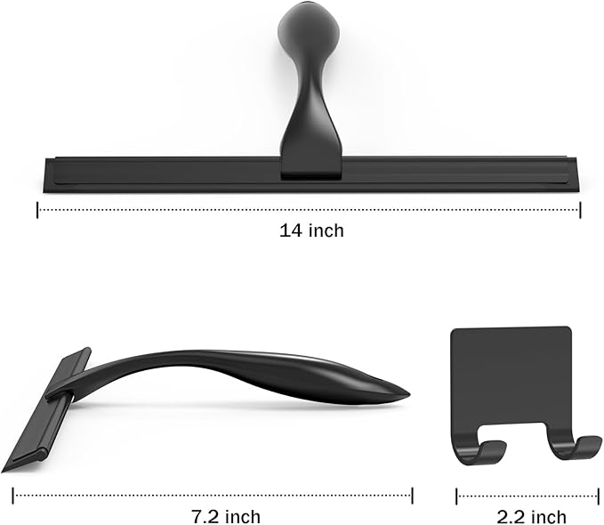 All-Purpose Stainless Steel Shower Squeegee for Shower Glass Door with Adhesive Hook, Bathroom Cleaner Tool Household Window Mirror Squeegee for Glass Doors, Cleaning Tile Wall, Car, 14 inch, Black
