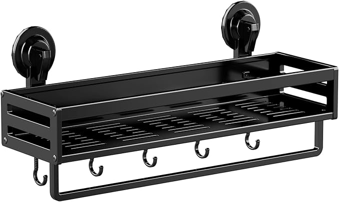 Shower Caddy Suction Cup, 15.8 inch Suction Shower Shelf with Hooks NO-Drilling Bathroom Holder, Rustproof Bathroom Organizer, Black