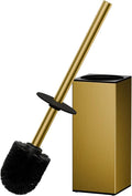 FORIOUS Toilet Brush and Holder Set, Heavy Duty 304 Stainless Steel Base Square and Long Handle for Bathroom Deep Cleaning, Drip-Proof, Space Saving for Storage, 2 Toilet Bowl Brush Head, Dark Gold