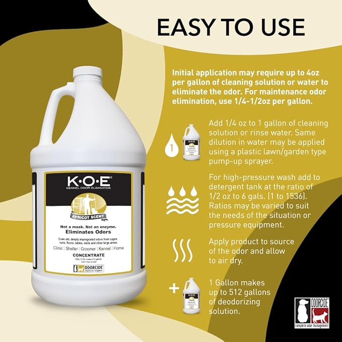 Odorcide K.O.E. Apricot Odor Eliminator Concentrate for Strong Odor for Cages, Runs & More – Home & Kennel w/Safe, Non-Enzymatic Formula - 128 oz