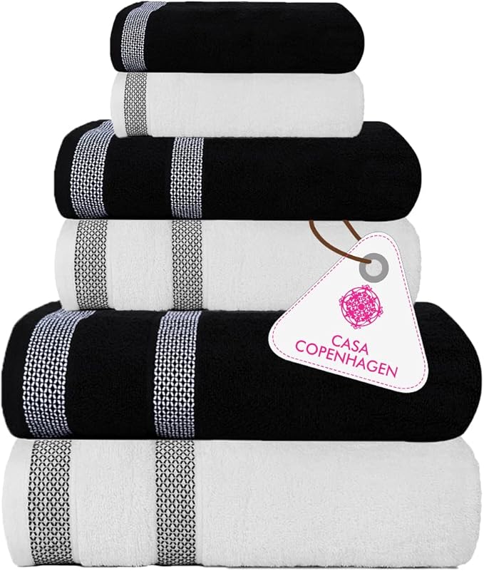 CASA COPENHAGEN Solitaire Mix 6 Pieces Towel Set- White + Black, 600 GSM 2Bath Towel 2Hand Towel 2Washcloth, Designed in Denmark Made of Soft Egyptian Cotton for Bathroom, Kitchen & Shower