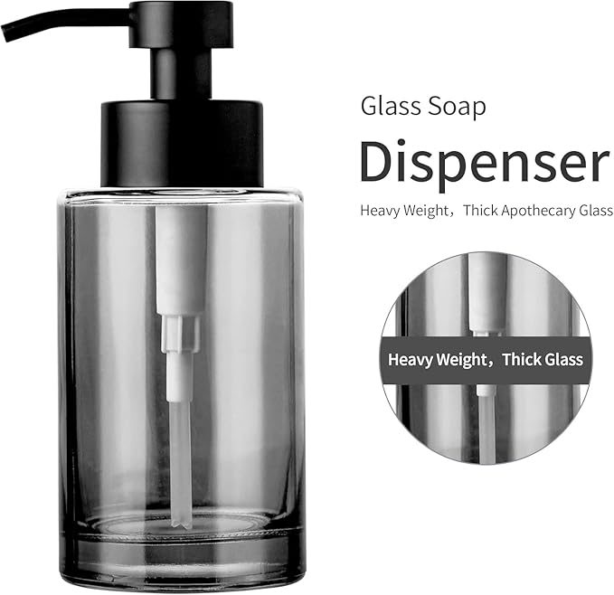Enra Foaming Soap Dispenser, 12oz Black Thick Glass Bathroom and Kitchen Soap Dispenser with Stainless Steel Pump