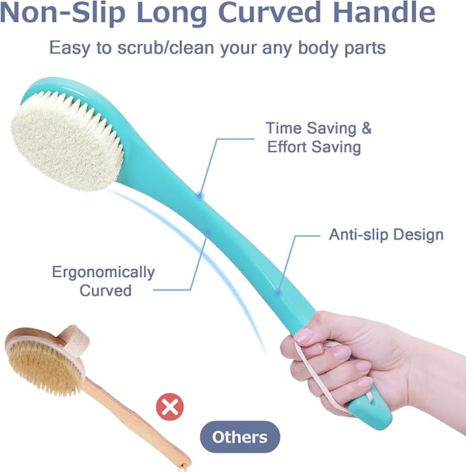 VANZAVANZU Exfoliating Shower Brush Back Scrubbers for Use in Shower, Plastic Bath Brush Long Handle for Shower with Moderate Bristles, Dry or Wet Back Brush for Shower Men Women-Green